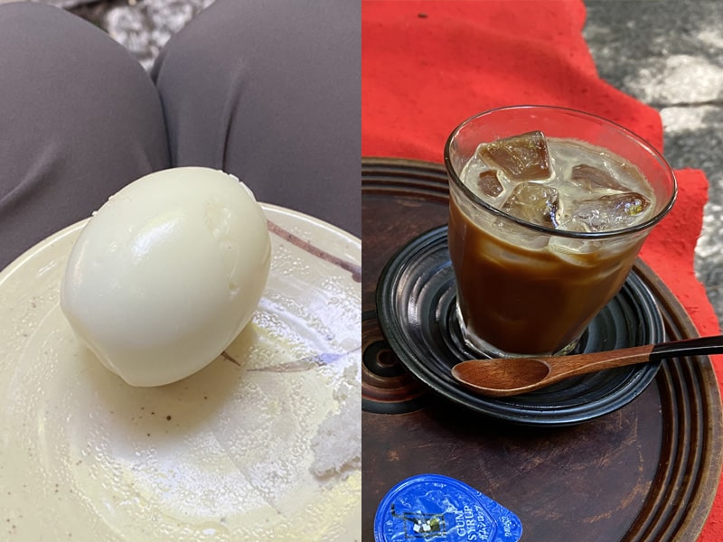 ご神水で茹でたゆで玉子とご神水で淹れたコーヒー