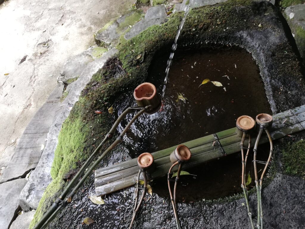 神魂神社の手水舎の柄杓。竹の自然な曲線を活かした美しい造作